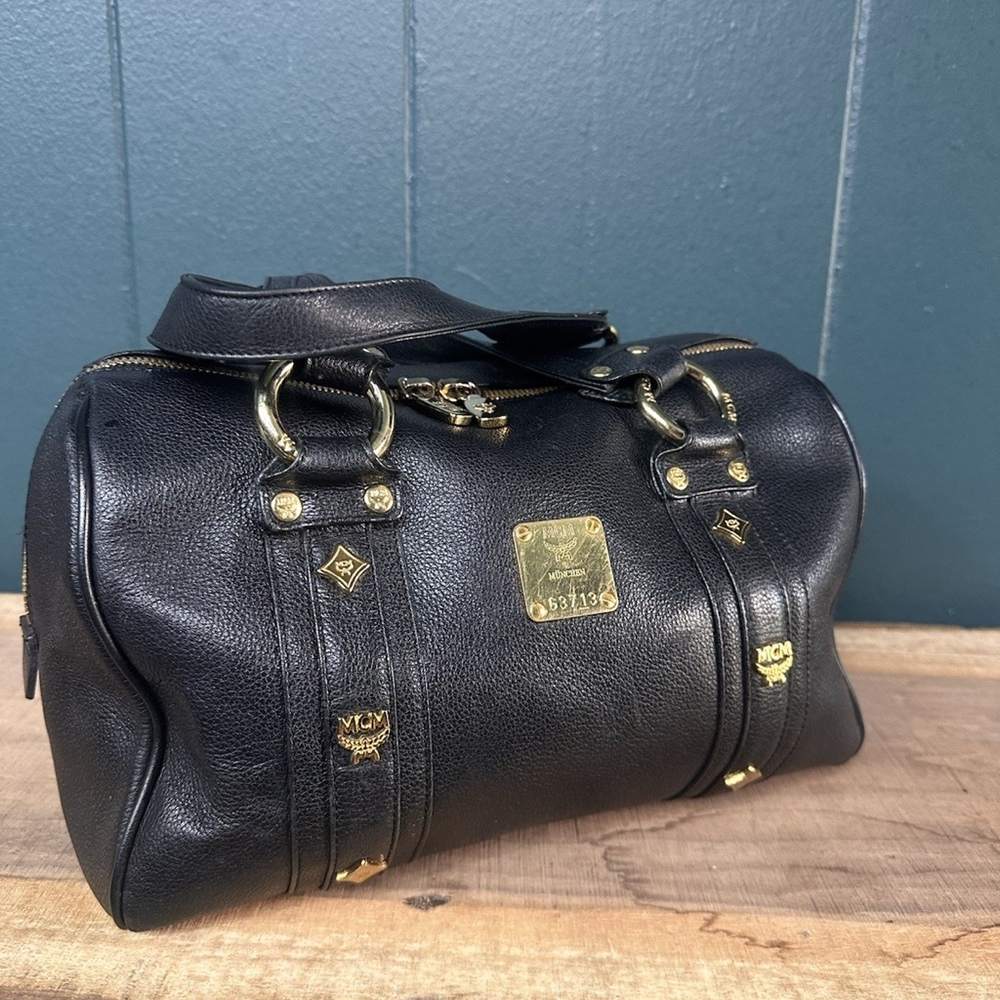MCM Munchen Black Leather Mini Boston Bowler Satchel Bag Gold Vintage